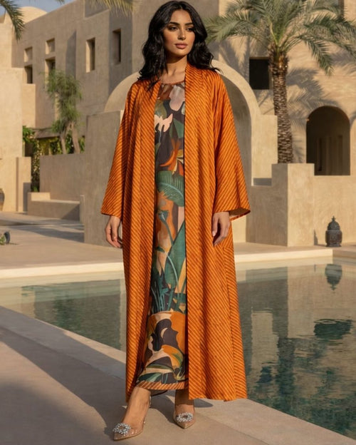 Orange HT Silk Round Neck Sleeveless Inner with Shawl Collar Jacket Set Leheriya & Rio De Janerio Digi-Print