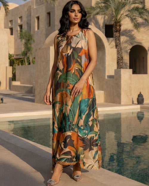 Orange HT Silk Round Neck Sleeveless Inner with Shawl Collar Jacket Set Leheriya & Rio De Janerio Digi-Print