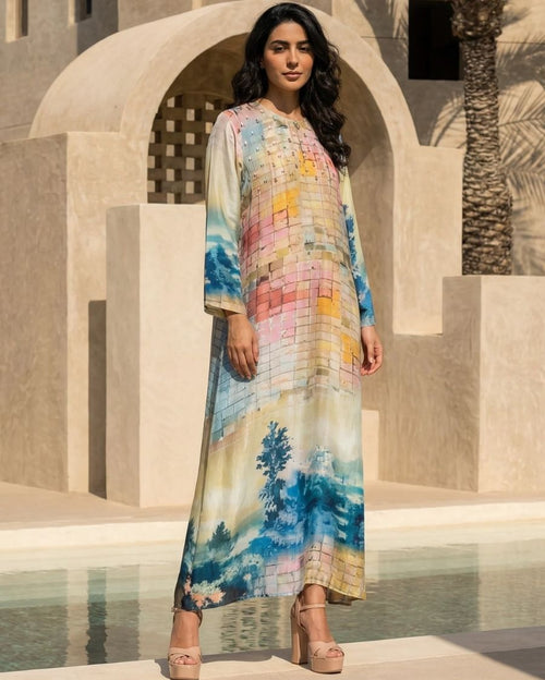 Multicolor HT Silk Round Neck Kyhl with Loop & Button Cutdana Bead Work Small Flowwr Butta Hnd Emb Silken Horizon Digi-Print Jalabiya Kaftan