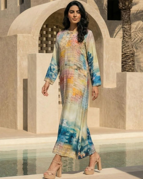 Multicolor HT Silk Round Neck Kyhl with Loop & Button Cutdana Bead Work Small Flowwr Butta Hnd Emb Silken Horizon Digi-Print Jalabiya Kaftan