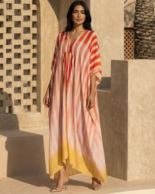 100% Silk Multi Color Pastel Stripes U Neck Kaftan