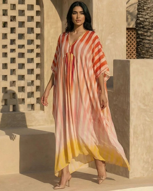 100% Silk Multi Color Pastel Stripes U Neck Kaftan
