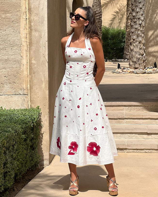 A Pop of Flower Embroided Cotton Midi Dress - Ivory