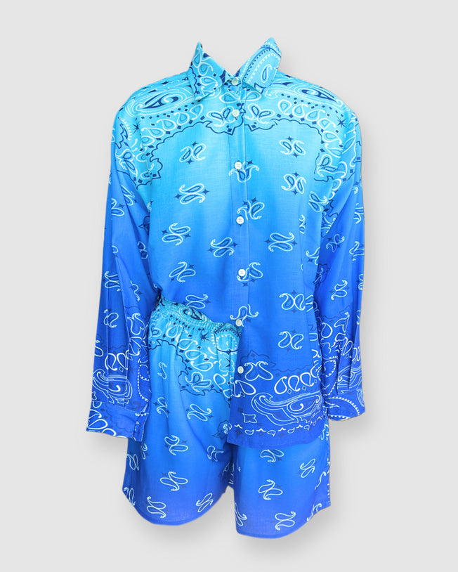 Abstract Pattern Royal Blue Linen Shirt and Shorts Set