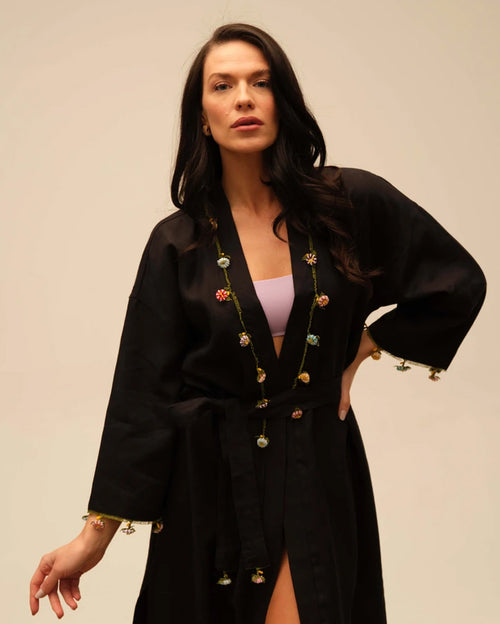 Adalya Grass Black Long Kaftan with Hand Crocheted Oya Details