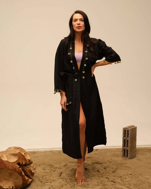 Adalya Grass Black Long Kaftan with Hand Crocheted Oya Details