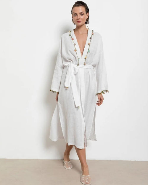 Adalya Long Kaftan with Belt - White