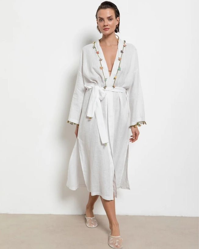 Adalya Long Kaftan with Belt - White