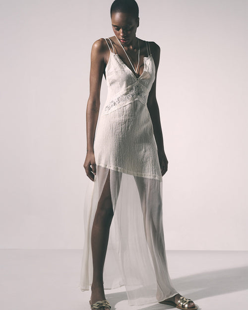 Aira Silk Chiffon Long Dress Ecru