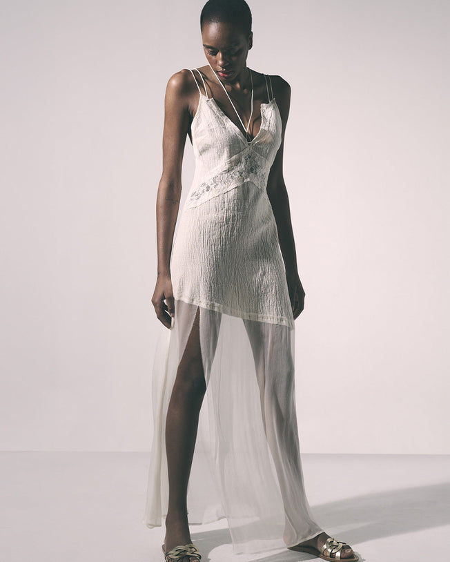 Aira Silk Chiffon Long Dress Ecru