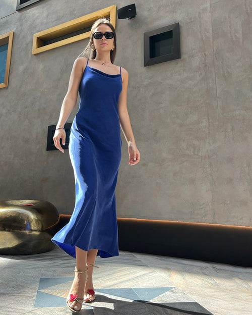 Alice Sea Blue Slip Dress with flowers