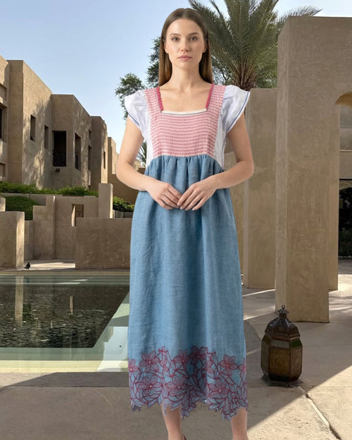Aloe Jilly Blue Linen Maxi Dress