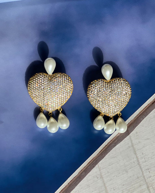 Always Loved Zircon Stone Heart Earrings With Pearl Drops
