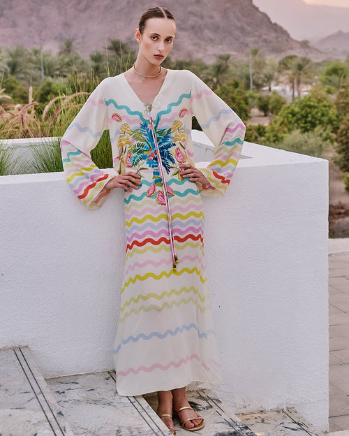 Anara Kaftan with Tropical Motif in Ivory