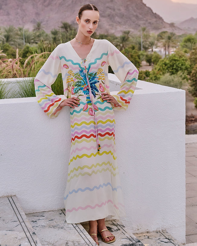 Anara Kaftan with Tropical Motif in Ivory