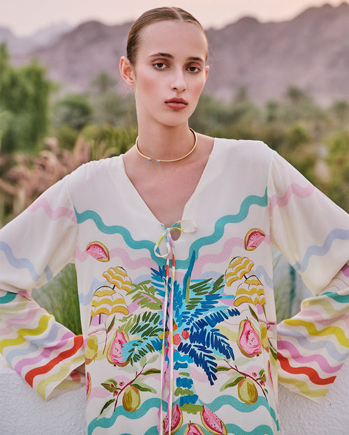 Anara Kaftan with Tropical Motif in Ivory