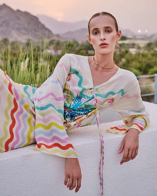 Anara Kaftan with Tropical Motif in Ivory