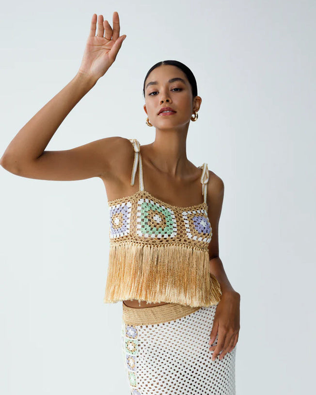 Fringe crop with maxi skirt sets snow white