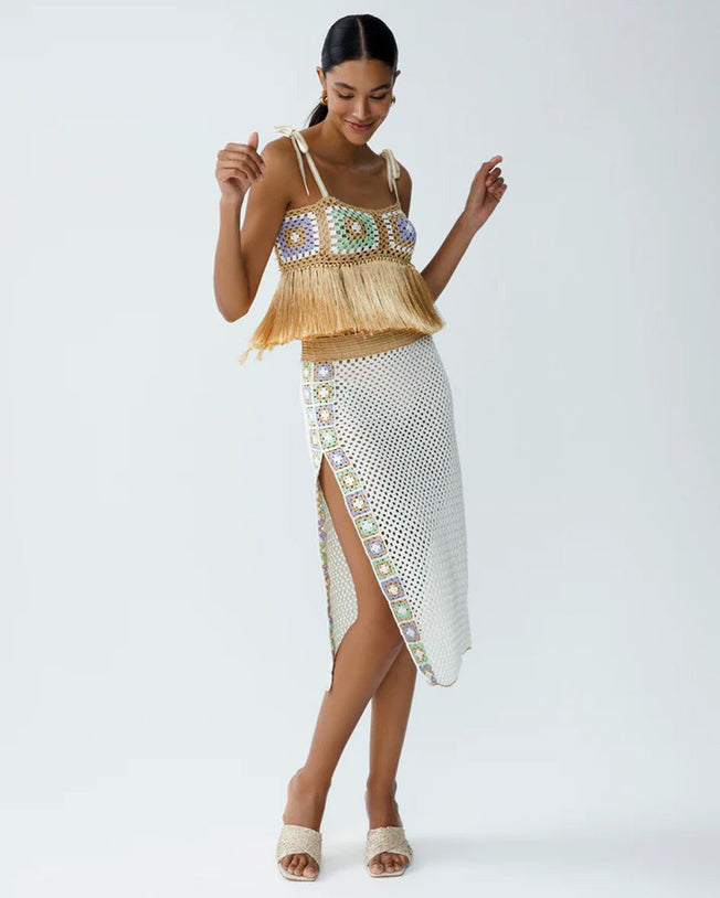 Fringe crop with maxi skirt sets snow white