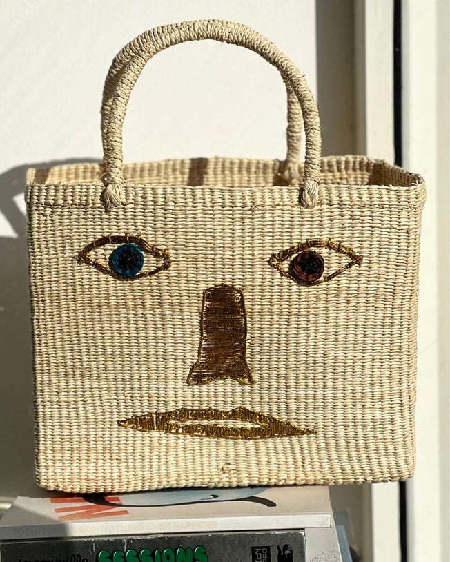 Art Deco Face Straw Basket Bag