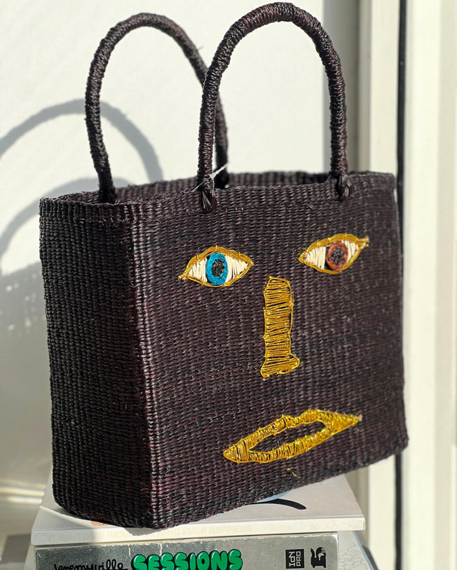 Art Deco Face Straw Basket Bag