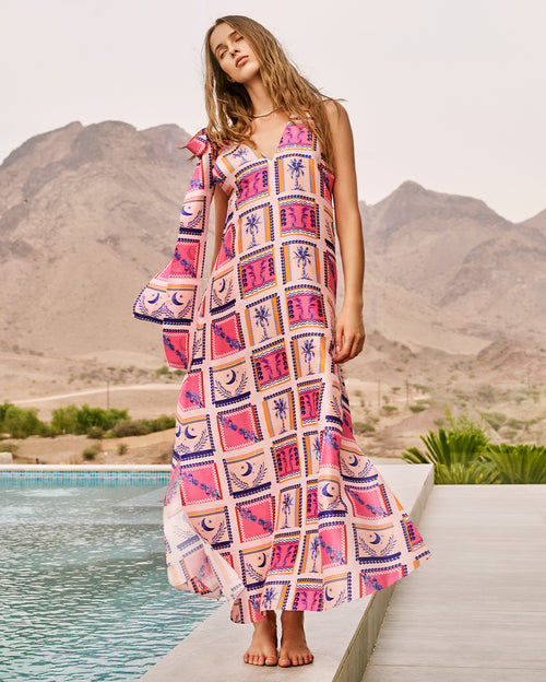 Beth Dress with Postcard Inspired Graphic Palm and Geometric Motifs in Pink