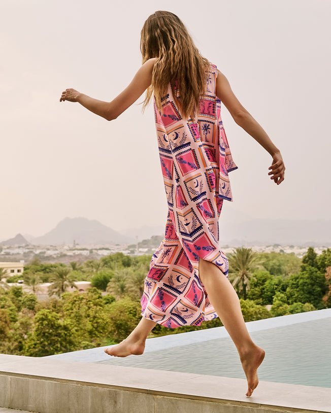 Beth Dress with Postcard Inspired Graphic Palm and Geometric Motifs in Pink