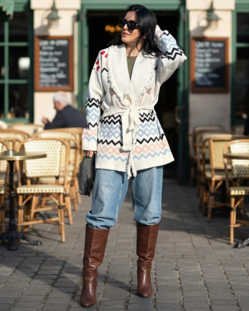 Bird Knit Cardigan with Belt - White