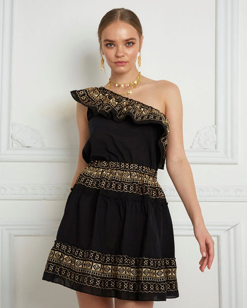 Cotton audrey black one-shoulder top with skirt set