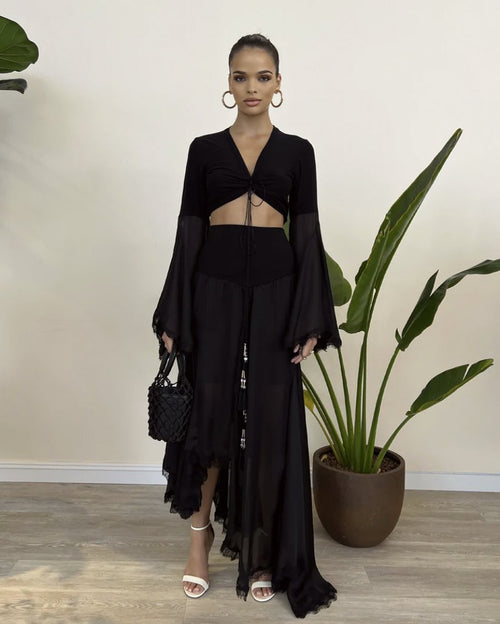 Black Model Jersey Double Knot Top & Godet Skirt