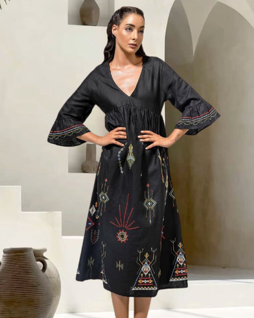 Black Linen Maxi Dress with Emroidery