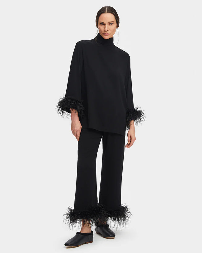 Black Tie Pajama with Detachable Feathers in Black