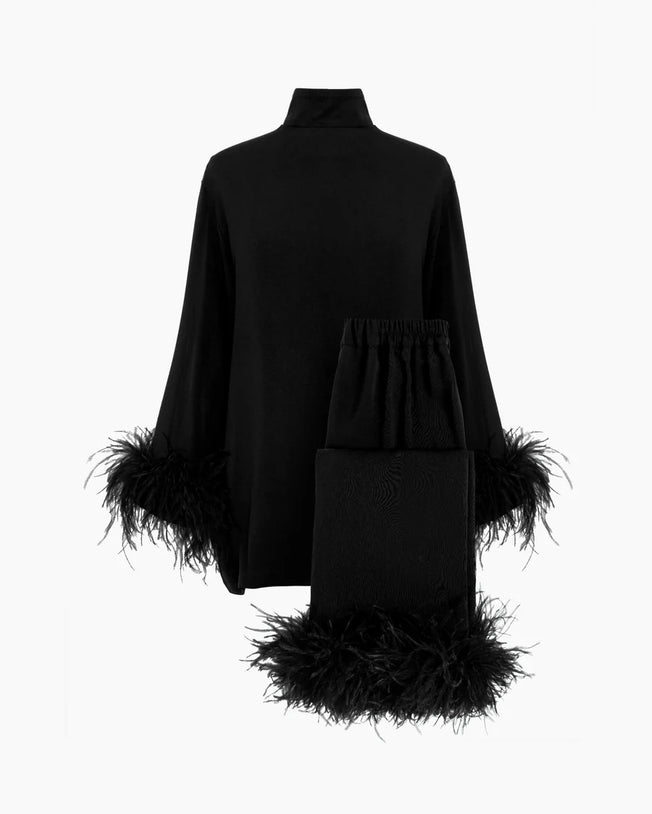 Black Tie Pajama with Detachable Feathers in Black