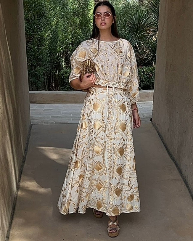 Blossom Drawstring Longsleeves Blouse and Long Skirt Embroidery Set - Natural Gold