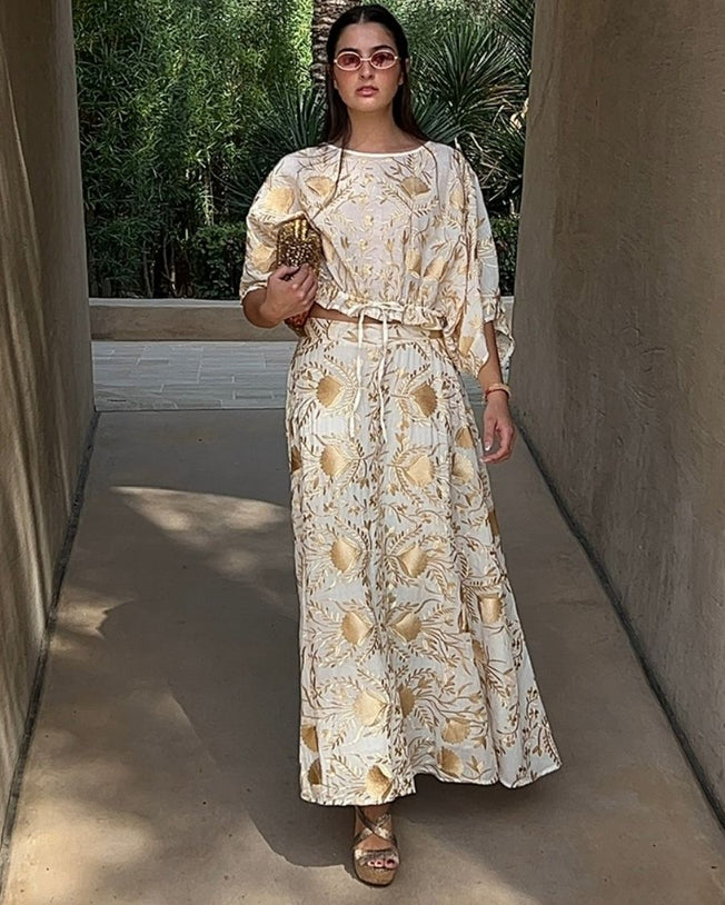Blossom Drawstring Longsleeves Blouse and Long Skirt Embroidery Set - Natural Gold