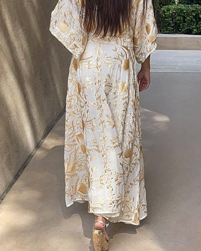 Blossom Drawstring Longsleeves Blouse and Long Skirt Embroidery Set - Natural Gold