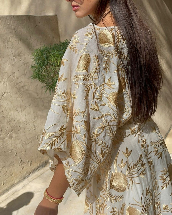 Blossom Drawstring Longsleeves Blouse and Long Skirt Embroidery Set - Natural Gold