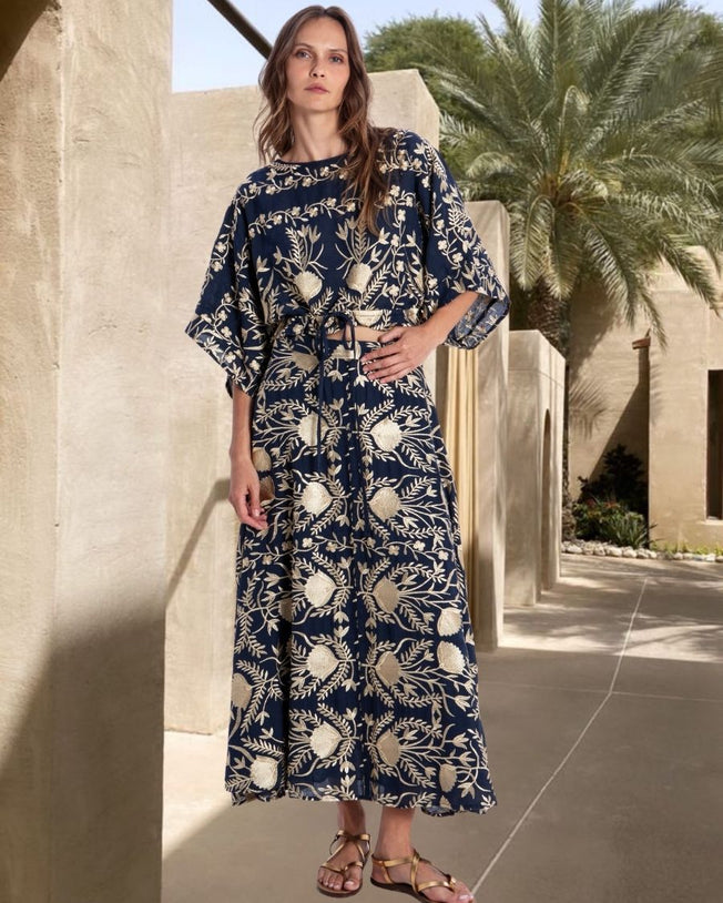 Blossom Drawstring Longsleeves Blouse and Long Skirt Embroidery Set - Blue Navy Gold