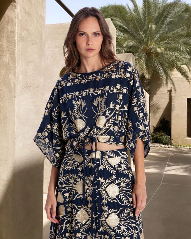 Blossom Drawstring Longsleeves Blouse and Long Skirt Embroidery Set - Blue Navy Gold
