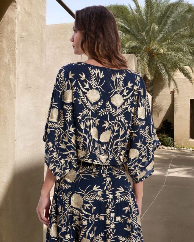 Blossom Drawstring Longsleeves Blouse and Long Skirt Embroidery Set - Blue Navy Gold