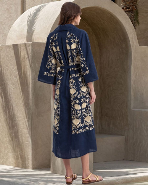 Blossom Long-Sleeved V-Neck Embroidered Maxi Dress - Blue Navy Gold