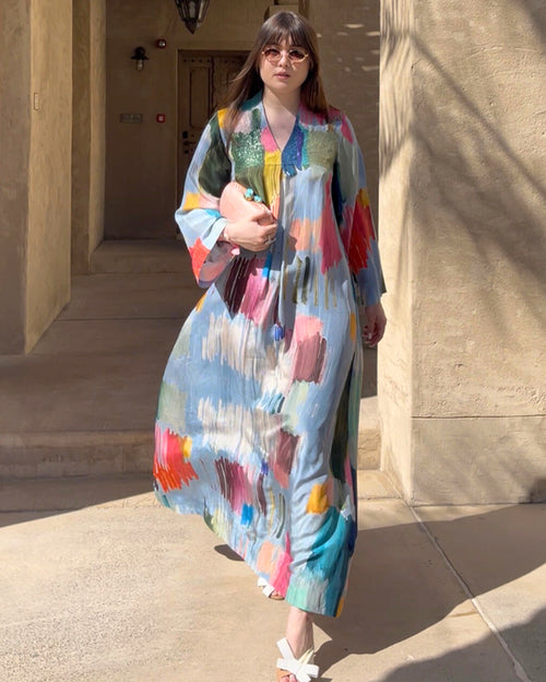 Blue HT Silk V-Neck with Sequin Bead Work Hand Emb Along the Print Mid Box Pleat Wide Sleeved Breezy Strokes Digi-Prnit Jalabiya