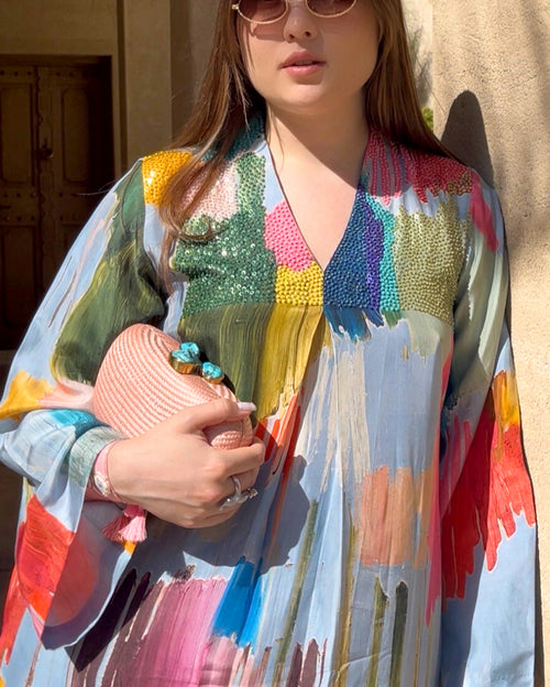 Blue HT Silk V-Neck with Sequin Bead Work Hand Emb Along the Print Mid Box Pleat Wide Sleeved Breezy Strokes Digi-Prnit Jalabiya