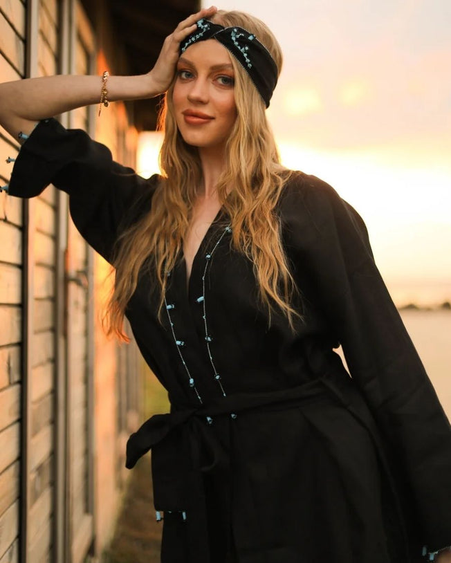 Blue Hyacinth Linen Headband Black