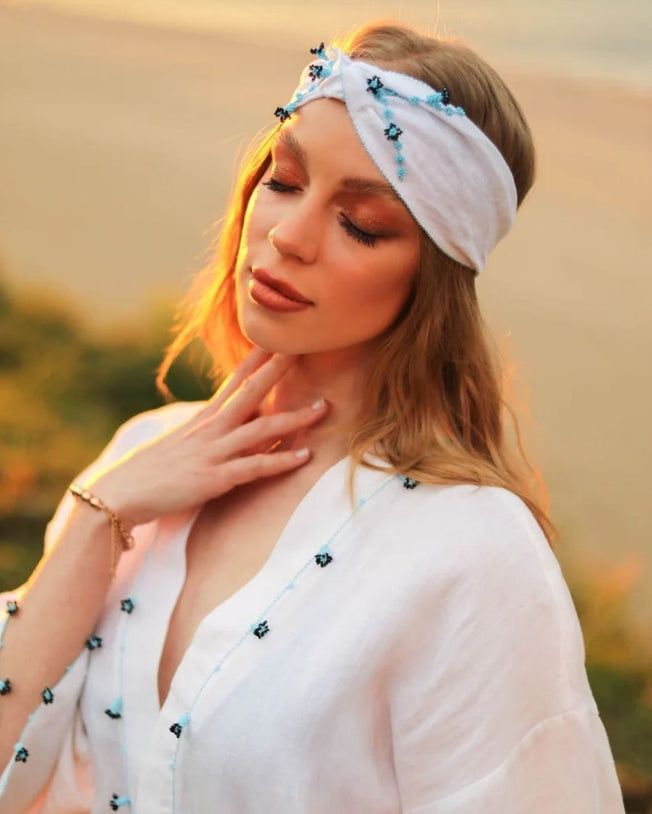 Blue Hyacinth Linen Headband White