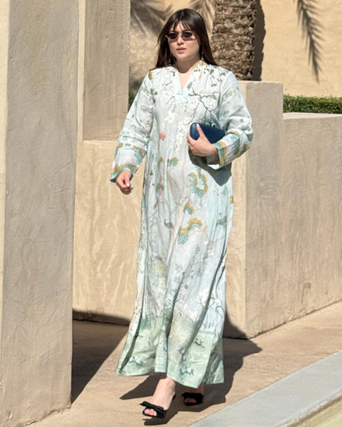 Blue Linen V-Neck with Cutdana Hand Emb Along the Print Wide Sleeved Monsoon Vibes Digi-Print Jalabiya