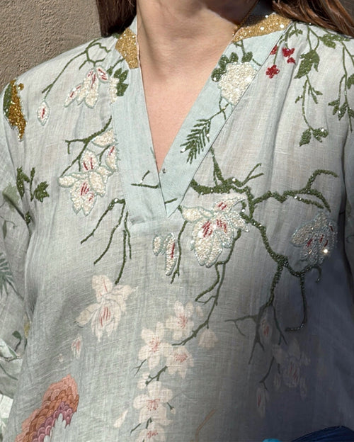 Blue Linen V-Neck with Cutdana Hand Emb Along the Print Wide Sleeved Monsoon Vibes Digi-Print Jalabiya