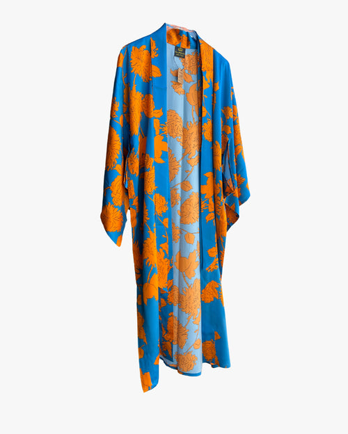 Blue Orange Flower Long Silk Kimono Coverup