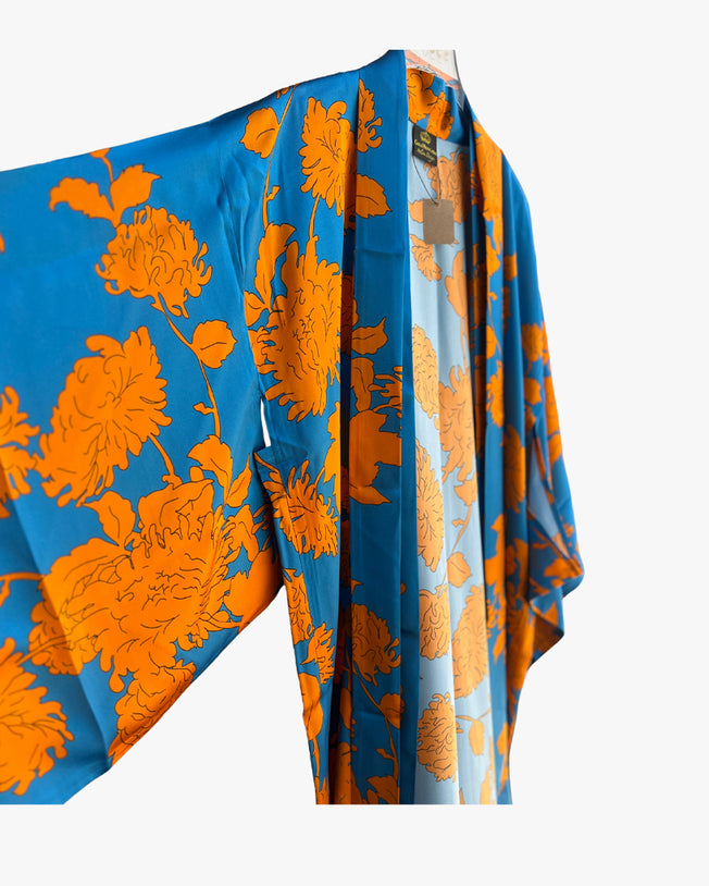 Blue Orange Flower Long Silk Kimono Coverup