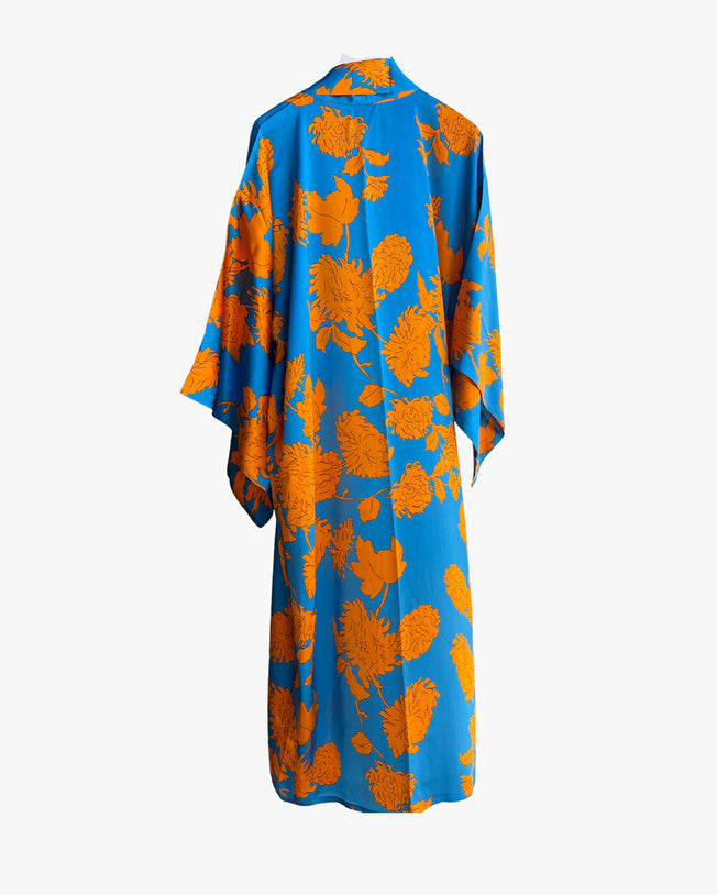 Blue Orange Flower Long Silk Kimono Coverup